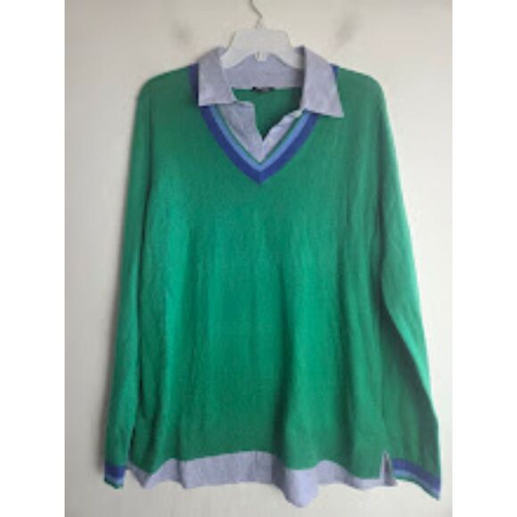 NOWT Talbots Green w/Blue Pinstrip Cotton Cashmere Blend Overlay Sweater Large - Picture 1 of 7